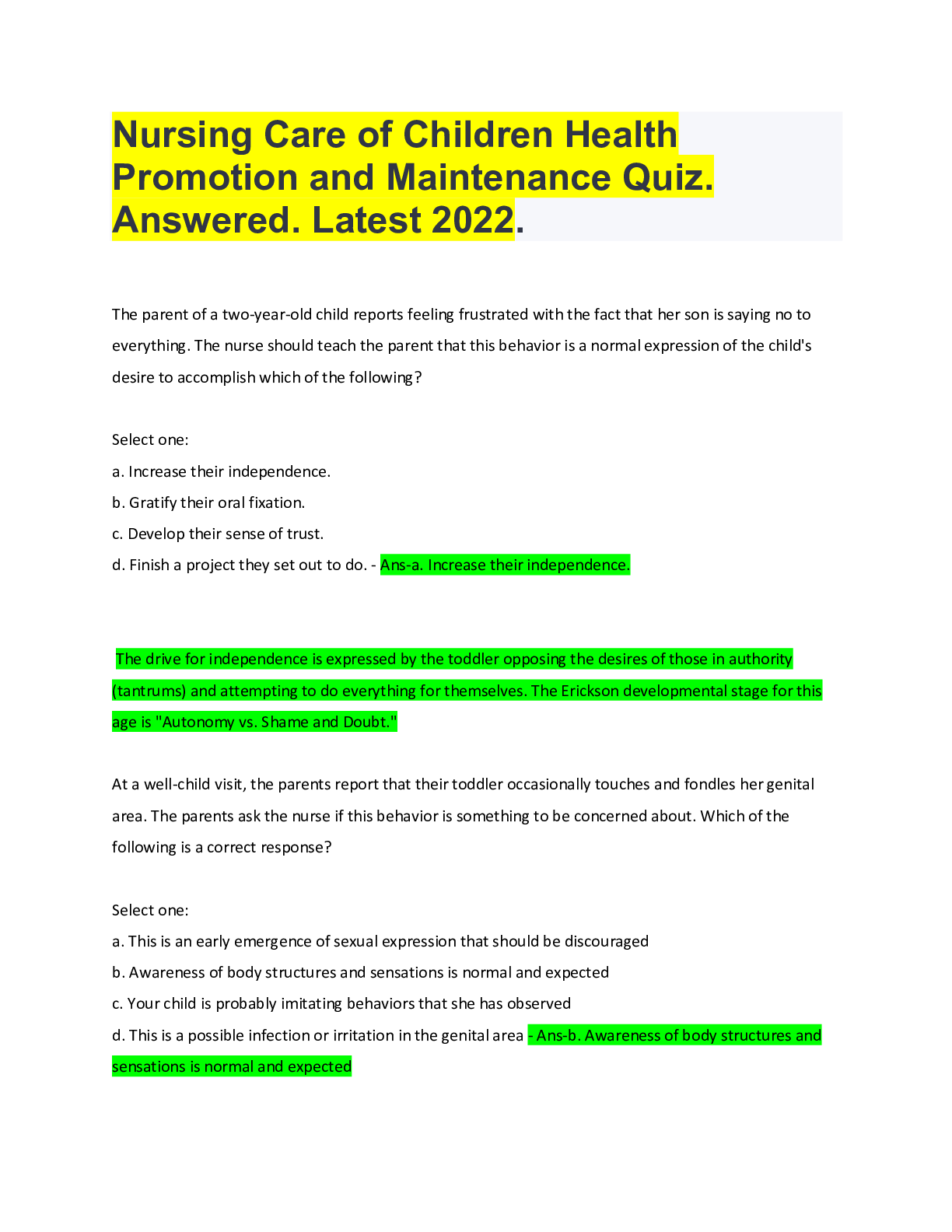 Nursing Care of Children Health Promotion and Maintenance Quiz